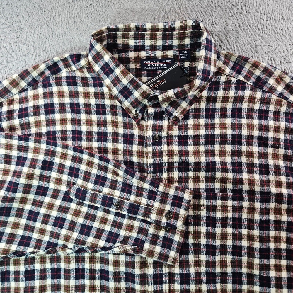 NWT Roundtree & Yorke Portuguese Flannel Shirt Men 3XB White Blue Brown Plaid